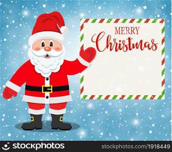 Santa Claus Cartoon Character Showing Merry Christmas Written in Blank Board with Blue Background. Vector Illustration. Santa Claus Character Showing Merry Christmas