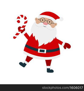 Santa Claus cartoon character with candy cane isolated on a white background. Can be used for Christmas cards, poster, stickers and etc