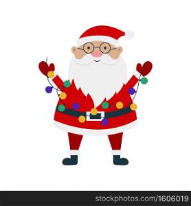 Santa Claus cartoon character with garland isolated on a white background. Can be used for Christmas cards, poster, stickers and etc