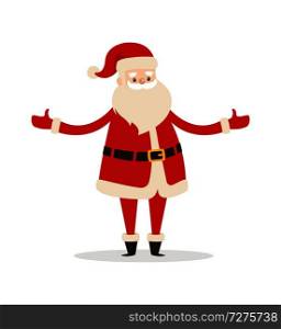 Santa Claus cartoon character with wide open arms vector illustration icon of Father Christmas symbol with beard isolated on white background. Santa Claus Cartoon Xmas Character Vector Icon