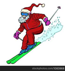 Santa Claus character goes skiing merry Christmas and happy new year. Pop art retro vector illustration vintage kitsch drawing 50s 60s. Santa Claus character goes skiing merry Christmas and happy new year