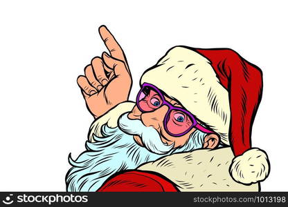 Santa Claus character is pointing merry Christmas and happy new year. Pop art retro vector illustration vintage kitsch drawing 50s 60s. Santa Claus is pointing merry Christmas and happy new year