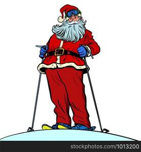 Santa Claus character on snow mountain merry Christmas and happy new year. Pop art retro vector illustration vintage kitsch drawing 50s 60s. Santa Claus character on snow mountain merry Christmas and happy new year