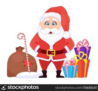 Santa Claus charcter vector. Christmas and New Year illustration. Funny cartoon Santa is taking magic xmas stick. Santa Claus charcter vector. Christmas and New Year illustration. Funny cartoon Santa is taking magic xmas