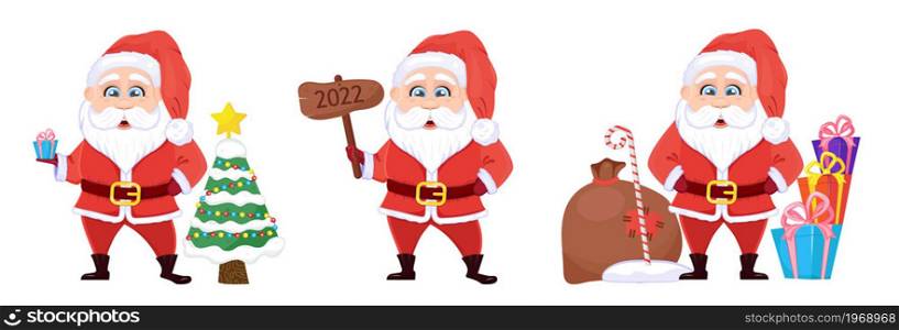 Santa Claus charcter vector. Christmas and New Year illustration. Funny cartoon Santa is taking magic xmas stick. Wooden desk with lettering 2022.. Santa Claus charcter vector set. Christmas and New Year illustration. Funny cartoon Santa is taking magic xmas stick. Wooden desk
