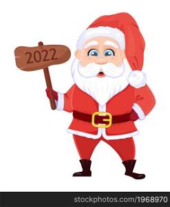 Santa Claus charcter vector. Christmas and New Year illustration. Funny cartoon Santa is taking magic xmas stick. Wooden desk with lettering 2022.. Santa Claus charcter vector. Christmas and New Year illustration. Funny cartoon Santa is taking magic xmas stick.