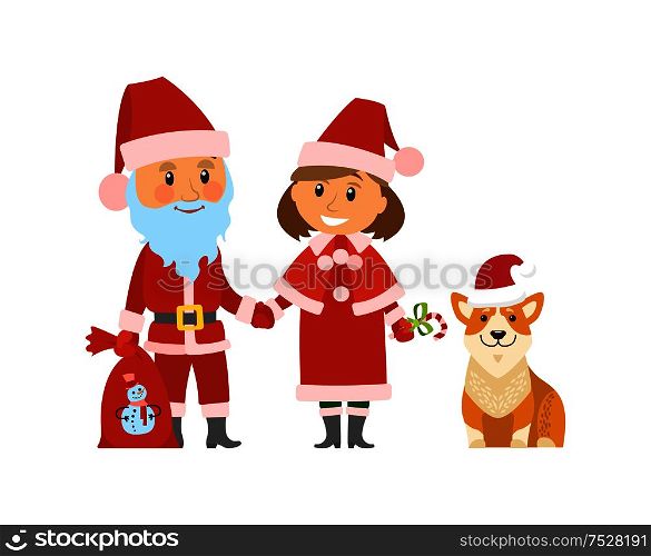 Santa Claus Christmas holidays, winter character vector. Female helper of old man with beard and presents in bag, dog wearing red hat. Canine animal. Santa Claus Christmas Holidays, Winter Character