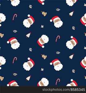Santa Claus Christmas seamless pattern. Blue navy background with snow and Santa heads.. Santa Claus Christmas seamless pattern. Blue navy background with snow and Santa heads