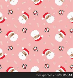 Santa Claus Christmas seamless pattern. Pink background with penguins and Santa heads.. Santa Claus Christmas seamless pattern. Pink background with penguins and Santa heads