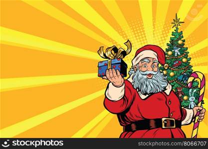 Santa Claus Christmas tree and gift, copy space left, pop art retro vector illustration