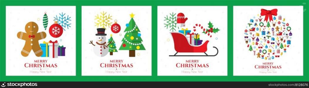 Santa claus, christmas tree, bell, stocking, christmas tree, reindeer, present, snowman and christmas elements. Merry christmas.