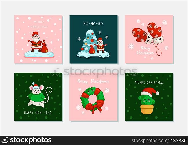 Santa Claus, Christmas tree, New year fat mouse, mittens, cactus, wreath - vector Kawaii Christmas greeting cards set with cute cartoon winter characters, et of prints or posters for Cristmas objects. christmas and new year cartoon cards