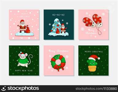 Santa Claus, Christmas tree, New year fat mouse, mittens, cactus, wreath - vector Kawaii Christmas greeting cards set with cute cartoon winter characters, et of prints or posters for Cristmas objects. christmas and new year cartoon cards