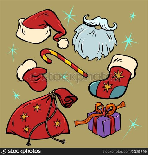 Santa Claus clothing set of items, collection. Christmas and New Year winter holidays. Comic cartoon vintage hand drawing. Santa Claus clothing set of items, collection. Christmas and New Year winter holidays
