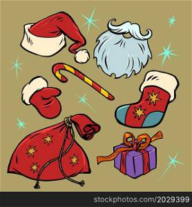 Santa Claus clothing set of items, collection. Christmas and New Year winter holidays. Comic cartoon vintage hand drawing. Santa Claus clothing set of items, collection. Christmas and New Year winter holidays