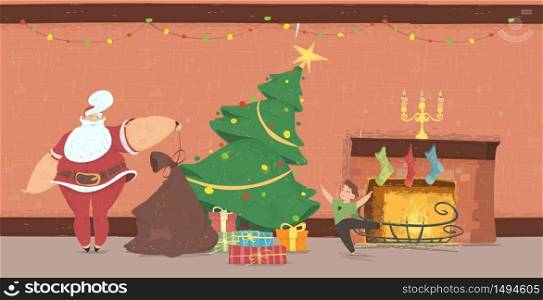 Santa Claus Come at Home to Happy Child Bringing Presents. Little Boy Dancing at Decorated Christmas Tree Meeting Father Noel. House Interior with Burning Fireplace, Cartoon Flat Vector Illustration. Santa Claus Come at Home to Happy Child with Gifts