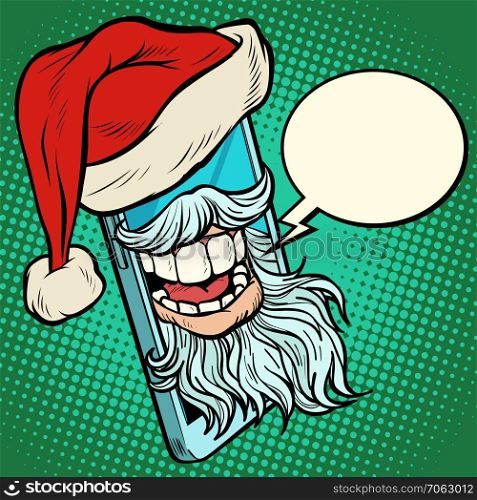 Santa Claus communicates via smartphone. Comic cartoon pop art retro vector drawing. Santa Claus communicates via smartphone