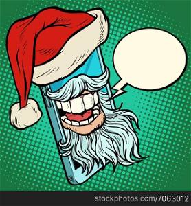 Santa Claus communicates via smartphone. Comic cartoon pop art retro vector drawing. Santa Claus communicates via smartphone