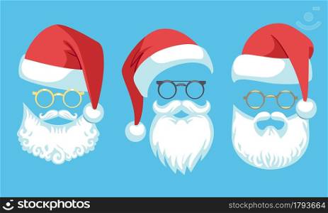 Santa Claus costume. Santa hats, white moustache, beards and glasses. Christmas decor elements, winter holiday clothes. Cute portrait for xmas cards posters and banners. Vector cartoon isolated set. Santa Claus costume. Santa hats, white moustache, beards and glasses. Christmas decor elements, winter holiday clothes. Cute portrait for xmas cards and posters. Vector cartoon isolated set