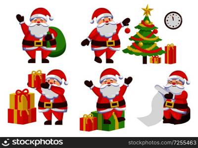 Santa Claus daily activities vector illustration poster. Father Frost decoration New Year tree by hanging color ball, winter holiday symbols vector. Santa Claus Activities Vector Illustration Poster
