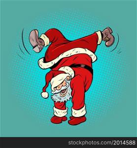 Santa Claus dancing, handstand. Christmas and New Year. Winter seasonal holiday. Comic cartoon hand drawing retro vintage. Santa Claus dancing, handstand. Christmas and New Year. Winter seasonal holiday