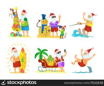 Santa Claus decorating umbrella, snowman and monkey, sleigh full of fruits, skiing on water, diving with dolphins, New Year in hot countries, vector. Santa Claus and Monkey Decorating Umbrella Snowman