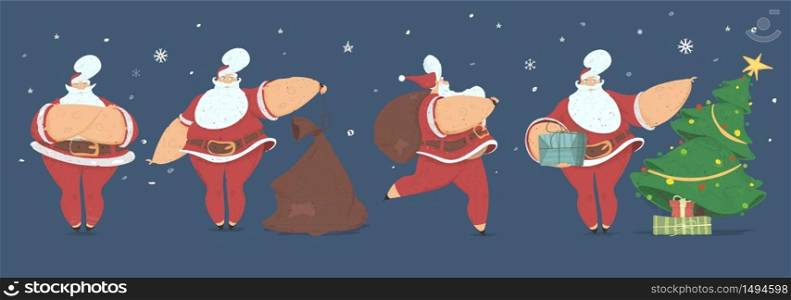 Santa Claus Deliver Presents at Christmas Night on Dark Snowy Background. Father Noel Carry Sack with Gifts to Decorated Xmas Tree with Star on Top. New Year Tradition Cartoon Flat Vector Illustration. Santa Claus Deliver Presents at Christmas Night