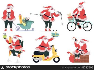 Santa Claus delivery. Cute Santa character delivering xmas holidays gifts with bike, sleigh and moped vector illustration set. Christmas gifts delivery on motorbike, bicycle, ski, through chimney. Santa Claus delivery. Cute Santa character delivering xmas holidays gifts with bike, sleigh and moped vector illustration set. Christmas gifts delivery