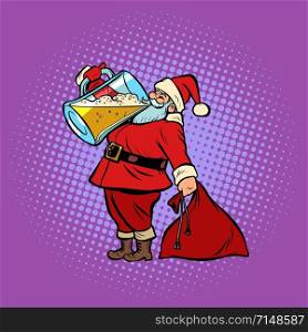 Santa Claus drinking beer. Christmas and New year. Comic cartoon pop art retro vector illustration drawing. Santa Claus drinking beer. Christmas and New year