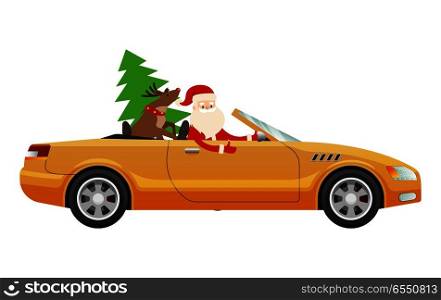 Santa Claus drive on cute yellow luxury car with reindeer and green fir tree. Santa prepares cute present for businessman. Vector illustration of expensive auto with Father Christmas and Rudolf. Santa Claus Drive on Cute Luxury Car with Reindeer