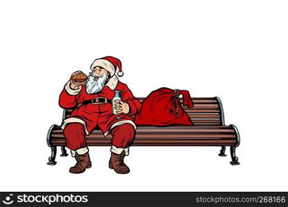 Santa Claus eats fast food Burger, Park bench. Pop art retro vector illustration kitsch vintage. Santa Claus eats fast food Burger, Park bench