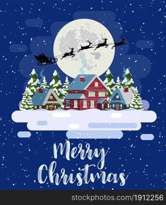 Santa Claus flies over the house in the snow. Christmas greeting card or poster. Merry christmas holiday. New year and xmas celebration. Vector illustration in flat style .. Santa Claus flies over the house in the snow.
