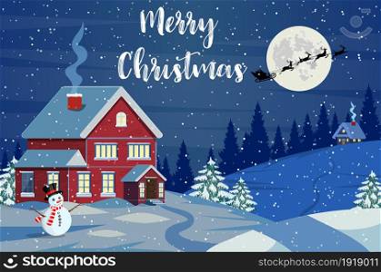 Santa Claus flies over the house in the snow. Christmas greeting card or poster. Merry christmas holiday. New year and xmas celebration. Vector illustration in flat style. Santa Claus flies over the house in the snow.