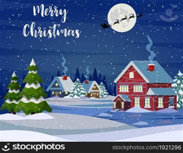 Santa Claus flies over the house in the snow. Christmas greeting card or poster. Merry christmas holiday. New year and xmas celebration. Vector illustration in flat style. Santa Claus flies over the house in the snow.