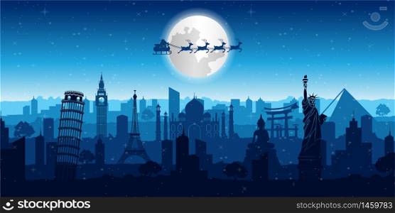 santa claus fly over world famous landmark to send gift to everyone,vector illustration