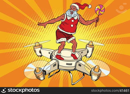 Santa Claus flying on a quadcopter, pop art retro comic book vector illustration. New year and Christmas