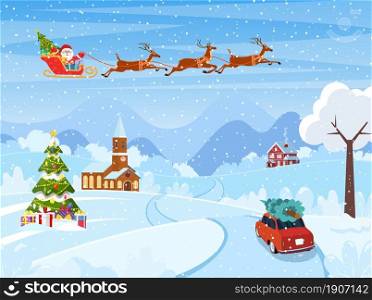 Santa Claus flying on a sleigh. Building in holiday ornament. Christmas landscape tree spruce. Happy new year decoration. Merry christmas holiday. New year xmas celebration. Vector illustration. Suburban house covered snow.