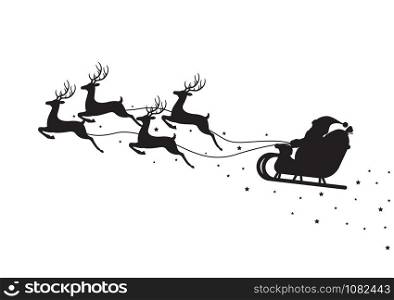 Santa Claus flying on a sleigh with reindeers isolated on white background