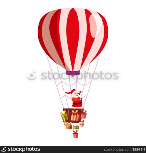 Santa Claus flying on hot air balloon Merry Christmas and Happy New Year. Santa Claus flying on hot air balloon Merry Christmas and Happy New Year. Gift boxes in basket of air balloon flying. Vector illustration isolated cartoon style