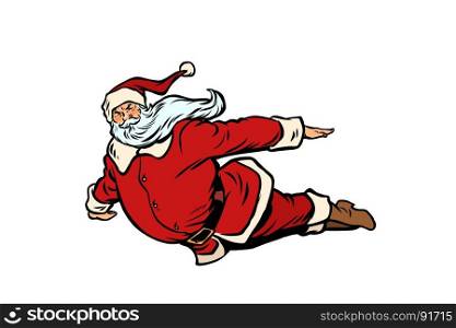 Santa Claus flying superhero. Comic book cartoon pop art retro vector illustration drawing. Santa Claus flying superhero