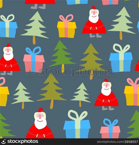 Santa Claus, gift and Christmas tree. Christmas seamless pattern. Vector background of symbols of new year.&#xA;