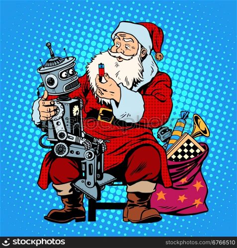 Santa Claus gift robot battery. Christmas shopping. Retro style pop art. Santa Claus gift robot battery