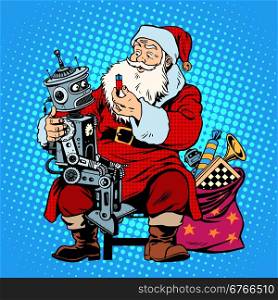 Santa Claus gift robot battery. Christmas shopping. Retro style pop art. Santa Claus gift robot battery
