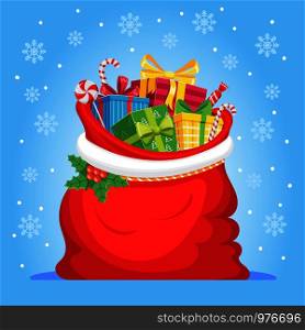 Santa Claus gifts in bag. Christmas presents sack, pile of sweets gift prize sackful and fun surprised xmas present with cartoon ribbon bow, greeting new year vector illustration. Santa Claus gifts in bag. Christmas presents sack, pile of sweets gift and xmas vector illustration