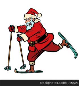 Santa Claus goes skiing. Christmas and New year. Comic cartoon pop art retro vector drawing illustration. Santa Claus goes skiing. Christmas and New year
