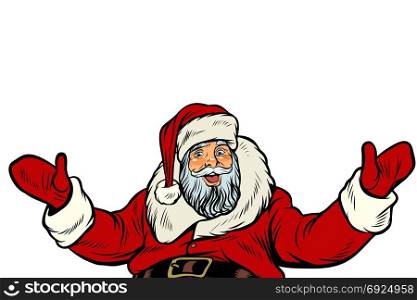 Santa Claus greeting gesture on white background. Pop art retro vector illustration. Santa Claus greeting gesture on white background