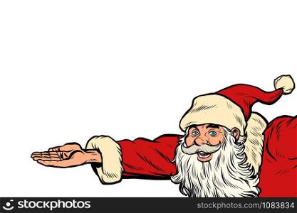 Santa Claus hand presents. Christmas and New year. Pop art retro vector illustration kitsch vintage. Santa Claus hand presents. Christmas and New year