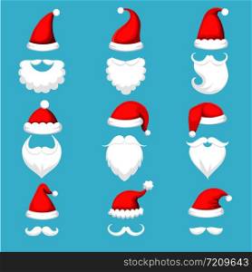 Santa Claus hat and beard. Christmas traditional red warm hats with fur, white beards with mustaches cap silhouette. Xmas wearing mask for mobile app. Cartoon illustration vector isolated icons set. Santa Claus hat and beard. Christmas traditional red warm hats with fur, white beards with mustaches cartoon illustration vector set