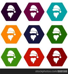 Santa Claus hat and beard icon set many color hexahedron isolated on white vector illustration. Santa Claus hat and beard icon set color hexahedron