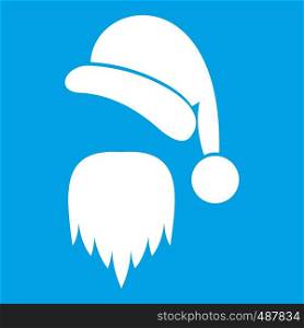 Santa Claus hat and beard icon white isolated on blue background vector illustration. Santa Claus hat and beard icon white